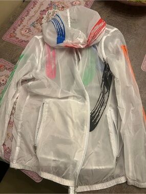 White Sheer Hooded Jacket with Multicolor Brushstroke Accents